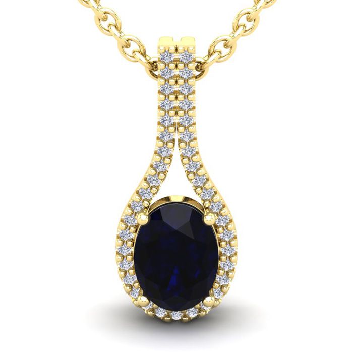 1 3/4 Carat Oval Shape Sapphire & Halo Diamond Necklace in 14K Yellow Gold (2.2 g), 18 Inches,  by SuperJeweler