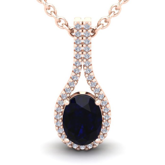 1 3/4 Carat Oval Shape Sapphire & Halo Diamond Necklace in 14K Rose Gold (2.2 g), 18 Inches,  by SuperJeweler