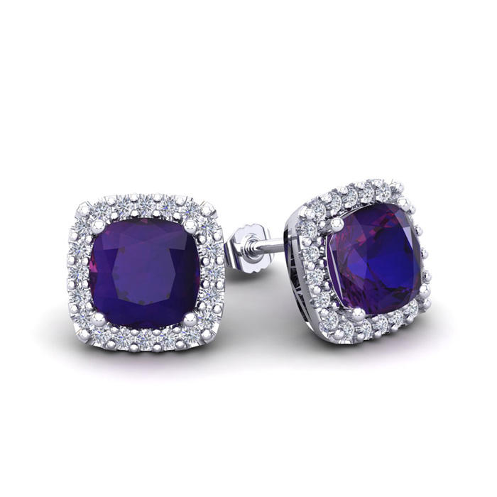 2 Carat Cushion Cut Amethyst & Halo Diamond Stud Earrings in 14K White Gold (2.6 g),  by SuperJeweler