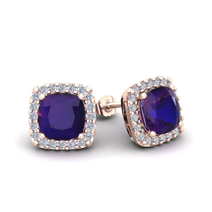 2 Carat Cushion Cut Amethyst & Halo Diamond Stud Earrings in 14K Rose Gold (2.6 g),  by SuperJeweler