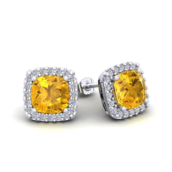 2 Carat Cushion Cut Citrine & Halo Diamond Stud Earrings in 14K White Gold (2.6 g),  by SuperJeweler