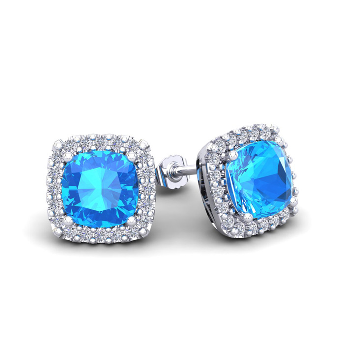 2.5 Carat Cushion Cut Blue Topaz & Halo Diamond Stud Earrings In 14K White Gold (2.6 G), I/J By SuperJeweler