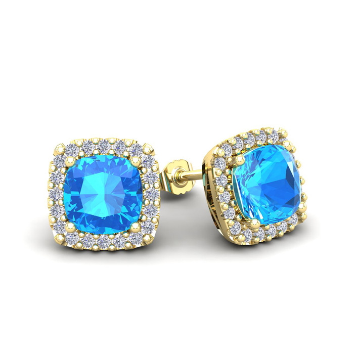 2.5 Carat Cushion Cut Blue Topaz & Halo Diamond Stud Earrings In 14K Yellow Gold (2.6 G), I/J By SuperJeweler