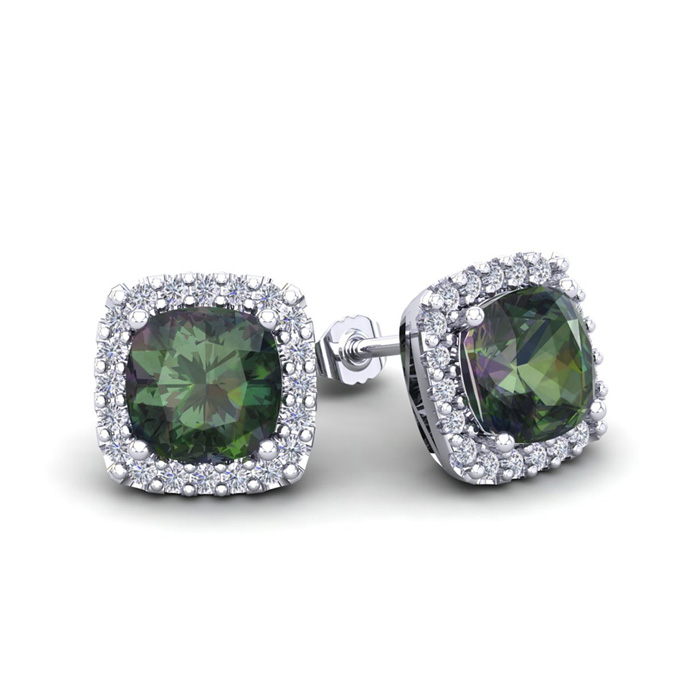 2.5 Carat Cushion Cut Mystic Topaz & Halo Diamond Stud Earrings in 14K White Gold (2.6 g),  by SuperJeweler