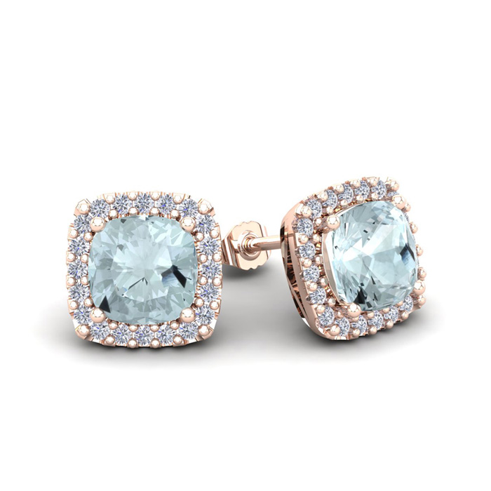 1.5 Carat Cushion Cut Aquamarine & Halo Diamond Stud Earrings in 14K Rose Gold (2.6 g),  by SuperJeweler