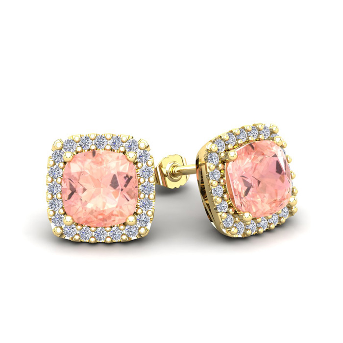 2 Carat Cushion Cut Morganite & Halo Diamond Stud Earrings in 14K Yellow Gold (2.6 g),  by SuperJeweler