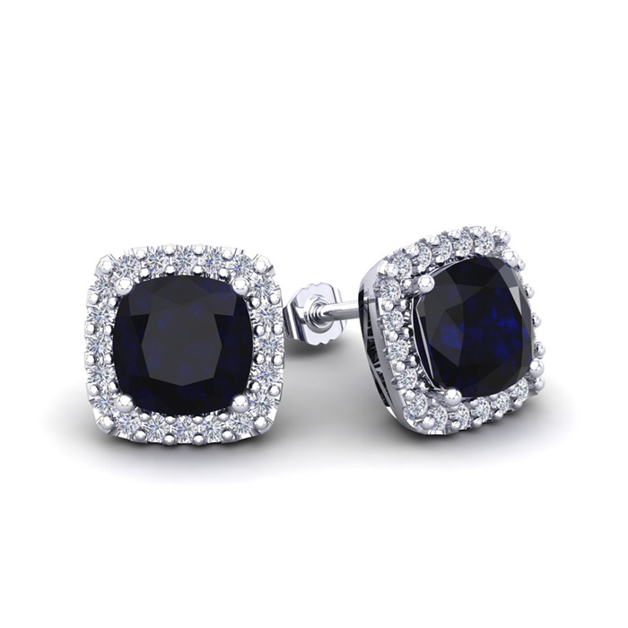 2 1/3 Carat Cushion Cut Sapphire & Halo Diamond Stud Earrings In 14K White Gold (2.6 G), I/J By SuperJeweler