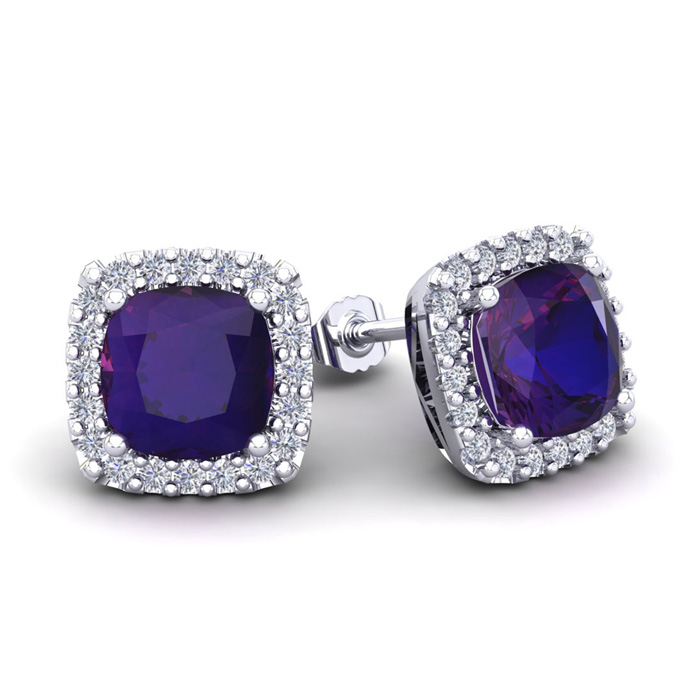 3 1/2 Carat Cushion Cut Amethyst & Halo Diamond Stud Earrings in 14K White Gold (3.5 g),  by SuperJeweler