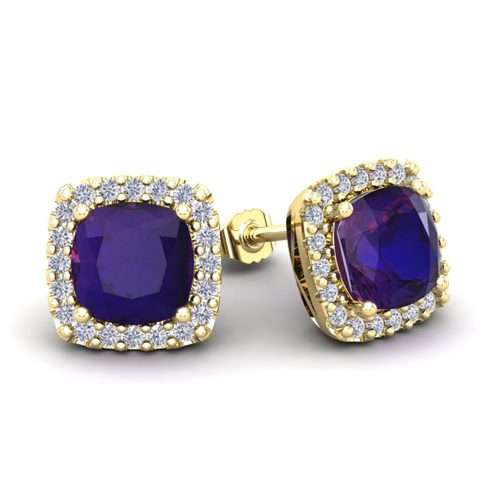 3 1/2 Carat Cushion Cut Amethyst & Halo Diamond Stud Earrings in 14K Yellow Gold (3.5 g),  by SuperJeweler