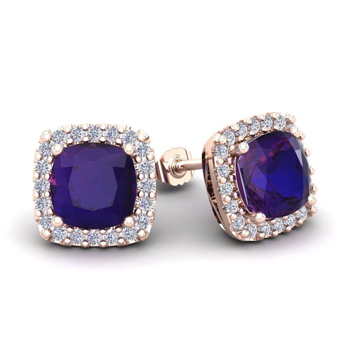 3 1/2 Carat Cushion Cut Amethyst & Halo Diamond Stud Earrings in 14K Rose Gold (3.5 g),  by SuperJeweler