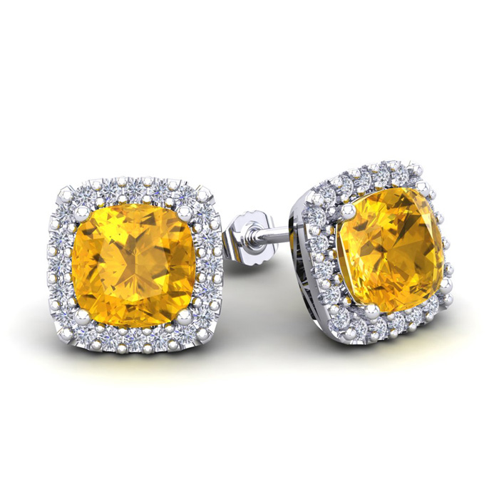 3 1/2 Carat Cushion Cut Citrine & Halo Diamond Stud Earrings in 14K White Gold (3.5 g),  by SuperJeweler