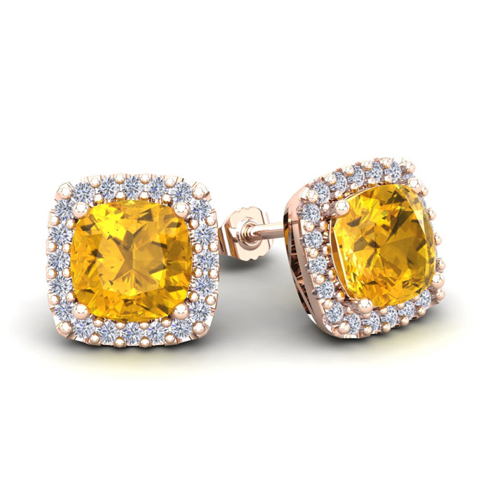 3 1/2 Carat Cushion Cut Citrine & Halo Diamond Stud Earrings in 14K Rose Gold (3.5 g),  by SuperJeweler