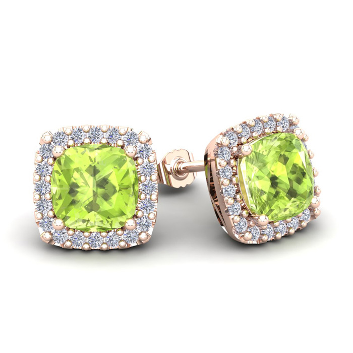 3 1/3 Carat Cushion Cut Peridot & Halo Diamond Stud Earrings In 14K Rose Gold (3.5 G), I/J By SuperJeweler