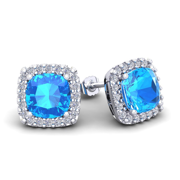 4 Carat Cushion Cut Blue Topaz & Halo Diamond Stud Earrings In 14K White Gold (3.5 G), I/J By SuperJeweler