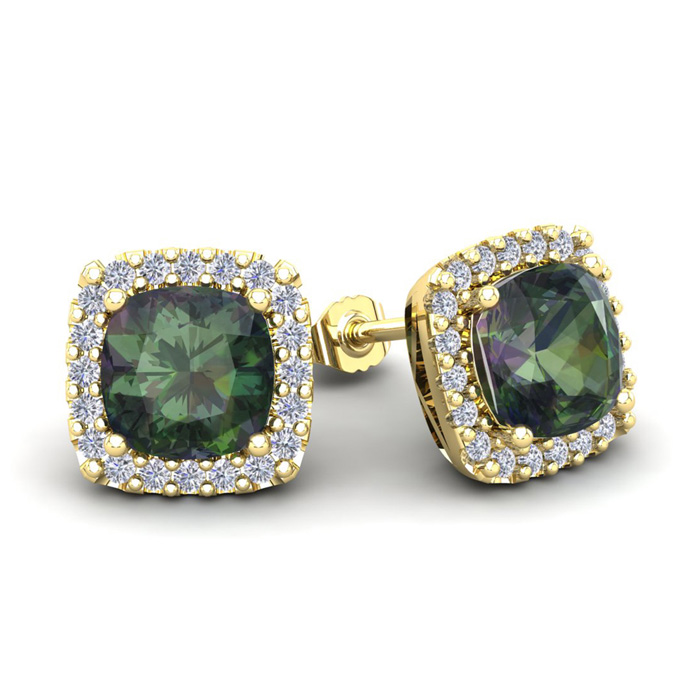 4 Carat Cushion Cut Mystic Topaz & Halo Diamond Stud Earrings In 14K Yellow Gold (3.5 G), I/J By SuperJeweler