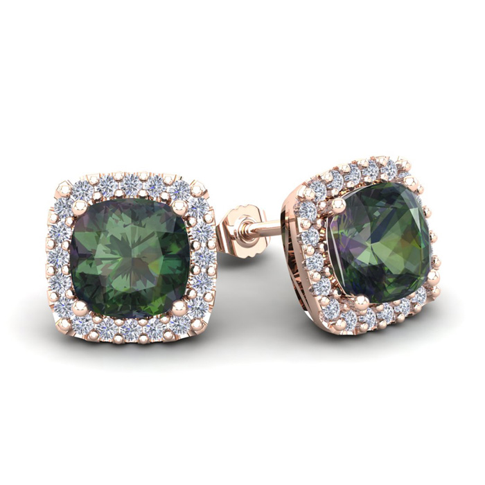 4 Carat Cushion Cut Mystic Topaz & Halo Diamond Stud Earrings in 14K Rose Gold (3.5 g),  by SuperJeweler