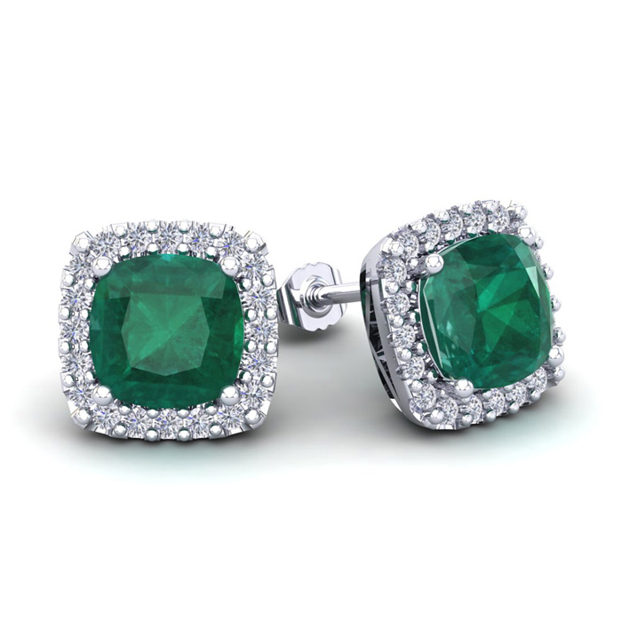 3 1/2 Carat Cushion Cut Emerald & Halo Diamond Stud Earrings in 14K White Gold (3.5 g),  by SuperJeweler