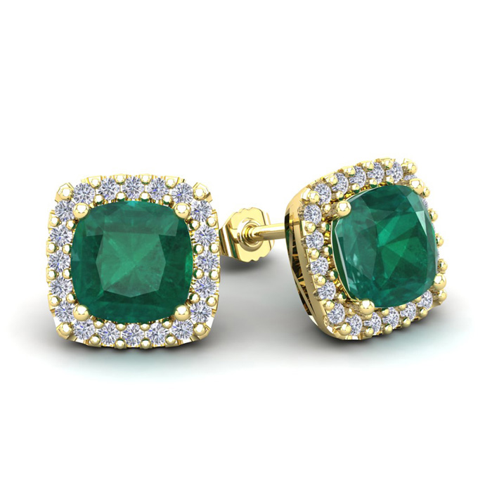 3 1/2 Carat Cushion Cut Emerald & Halo Diamond Stud Earrings in 14K Yellow Gold (3.5 g),  by SuperJeweler