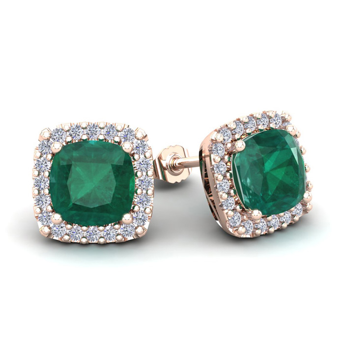 3 1/2 Carat Cushion Cut Emerald & Halo Diamond Stud Earrings in 14K Rose Gold (3.5 g),  by SuperJeweler