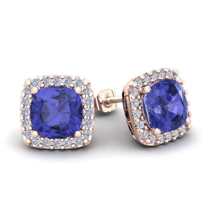 3 1/2 Carat Cushion Cut Tanzanite & Halo Diamond Stud Earrings in 14K White Gold (3.5 g),  by SuperJeweler