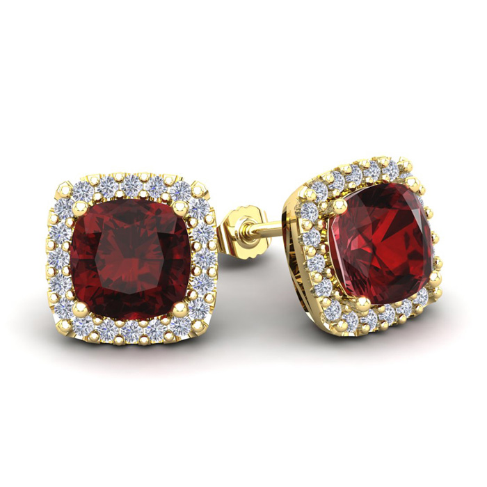 3 1/2 Carat Cushion Cut Garnet & Halo Diamond Stud Earrings In 14K Yellow Gold (3.5 G), I/J By SuperJeweler