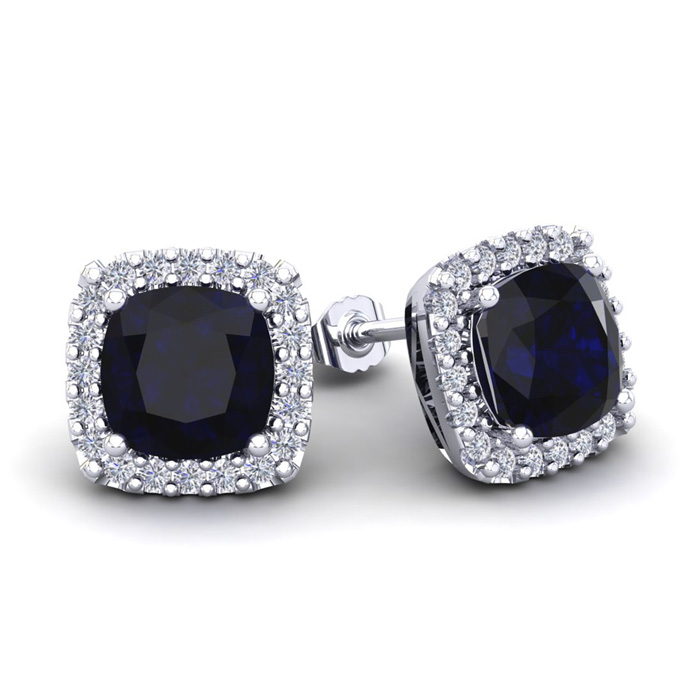 4 Carat Cushion Cut Sapphire & Halo Diamond Stud Earrings in 14K White Gold (3.5 g),  by SuperJeweler