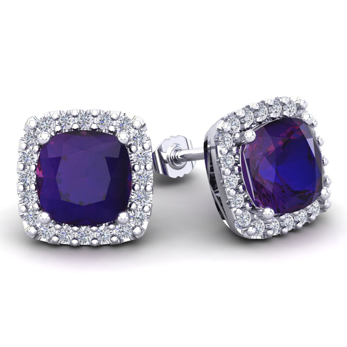 4 3/4 Carat Cushion Cut Amethyst & Halo Diamond Stud Earrings in 14K White Gold (3.7 g),  by SuperJeweler