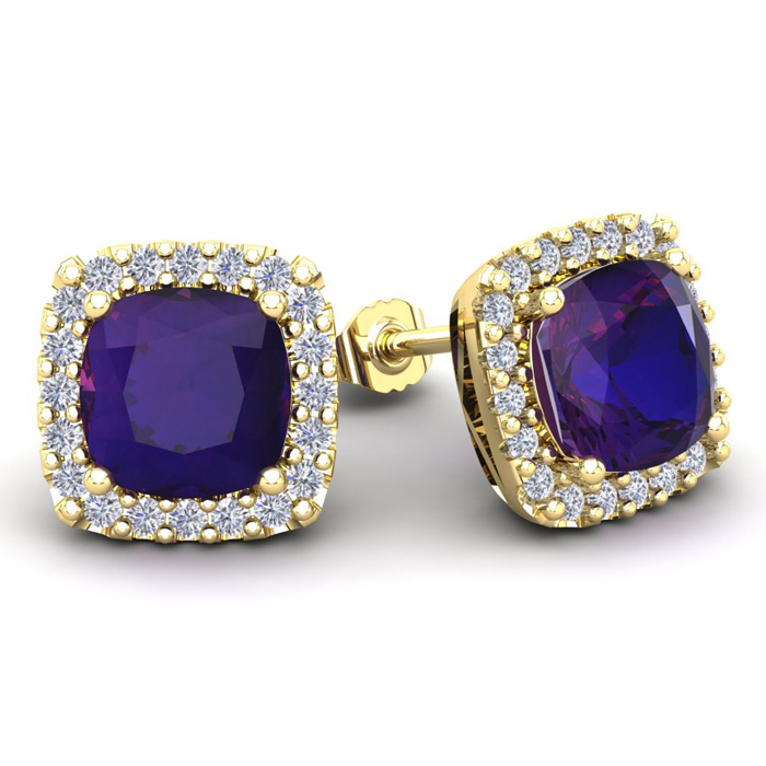 4 3/4 Carat Cushion Cut Amethyst & Halo Diamond Stud Earrings in 14K Yellow Gold (3.7 g),  by SuperJeweler