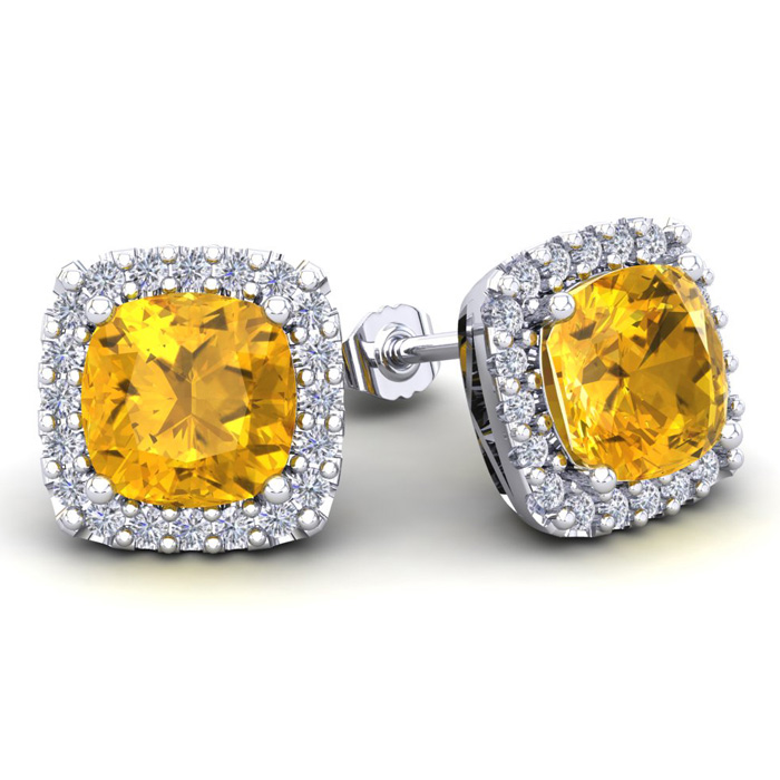 4 3/4 Carat Cushion Cut Citrine & Halo Diamond Stud Earrings in 14K White Gold (3.7 g),  by SuperJeweler