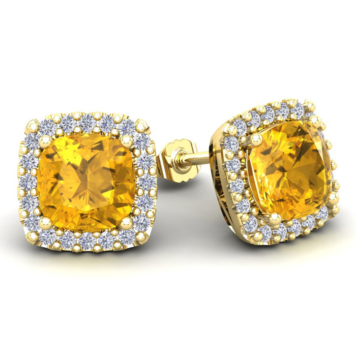 4 3/4 Carat Cushion Cut Citrine & Halo Diamond Stud Earrings in 14K Yellow Gold (3.7 g),  by SuperJeweler