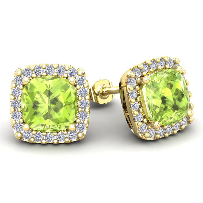 5 3/4 Carat Cushion Cut Peridot & Halo Diamond Stud Earrings in 14K Yellow Gold (3.7 g),  by SuperJeweler