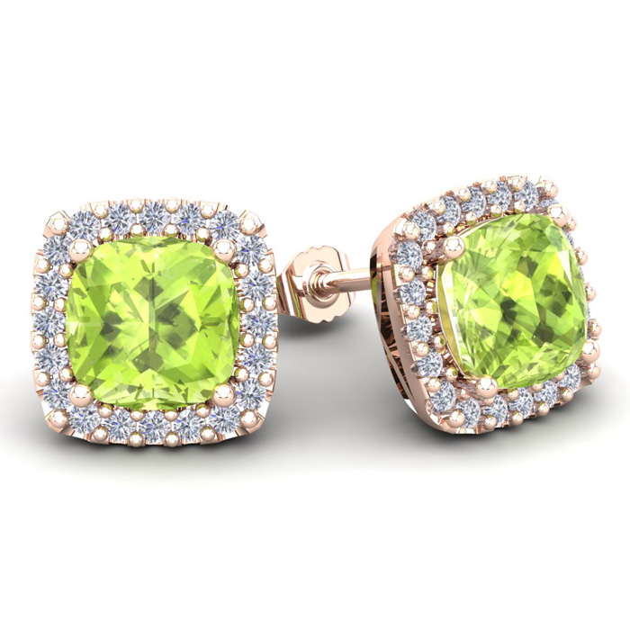 5 3/4 Carat Cushion Cut Peridot & Halo Diamond Stud Earrings in 14K Rose Gold (3.7 g),  by SuperJeweler