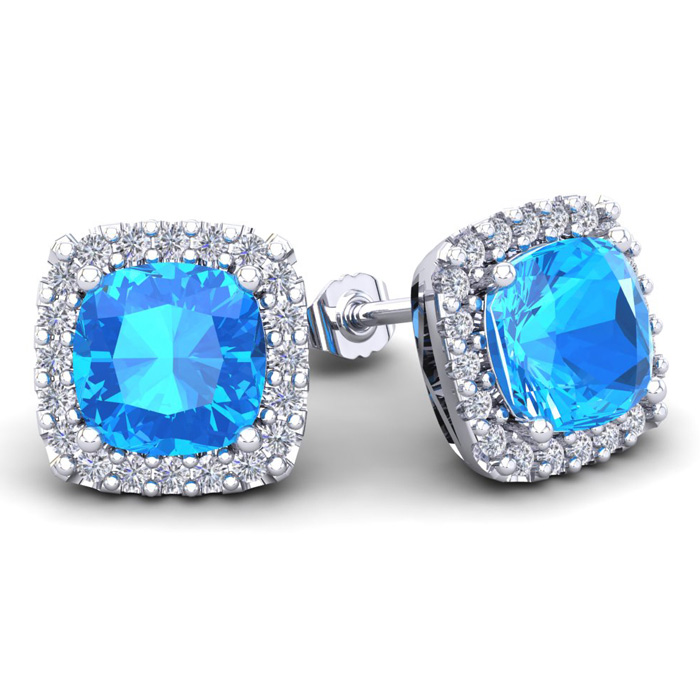 6 Carat Cushion Cut Blue Topaz & Halo Diamond Stud Earrings in 14K White Gold (3.7 g),  by SuperJeweler