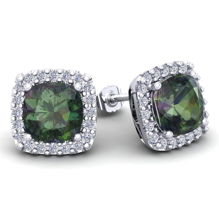 4 3/4 Carat Cushion Cut Mystic Topaz & Halo Diamond Stud Earrings in 14K White Gold (3.7 g),  by SuperJeweler