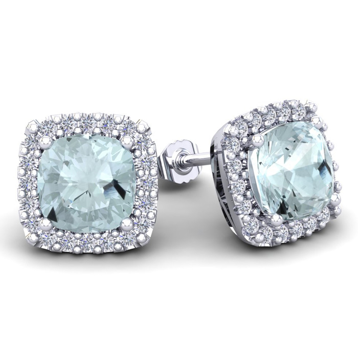 4 3/4 Carat Cushion Cut Aquamarine & Halo Diamond Stud Earrings in 14K White Gold (3.7 g),  by SuperJeweler