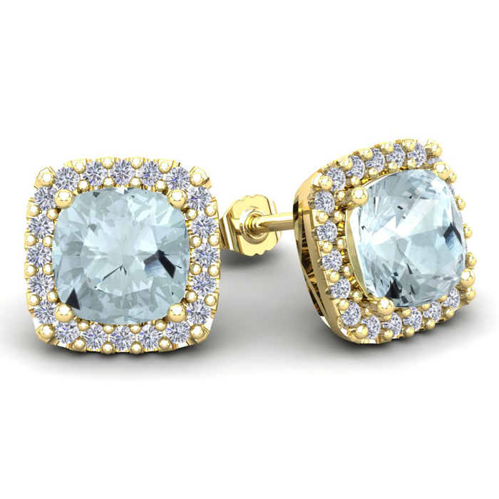 4 3/4 Carat Cushion Cut Aquamarine & Halo Diamond Stud Earrings in 14K Yellow Gold (3.7 g),  by SuperJeweler