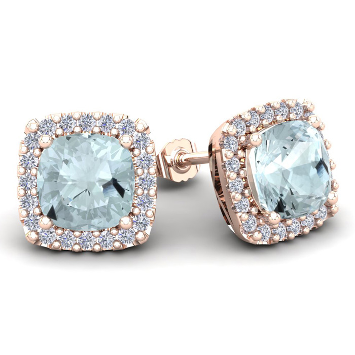 4 3/4 Carat Cushion Cut Aquamarine & Halo Diamond Stud Earrings in 14K Rose Gold (3.7 g),  by SuperJeweler