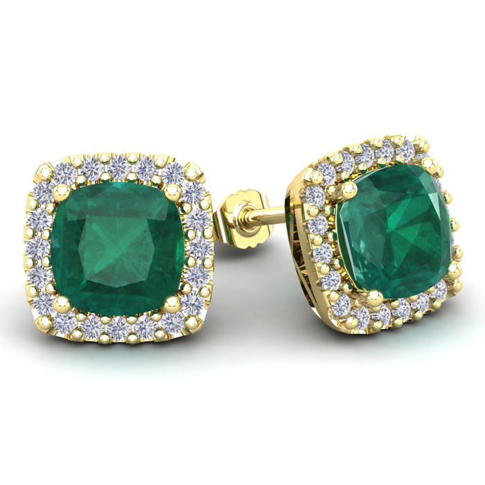 4 3/4 Carat Cushion Cut Emerald & Halo Diamond Stud Earrings in 14K Yellow Gold (3.7 g) by SuperJeweler