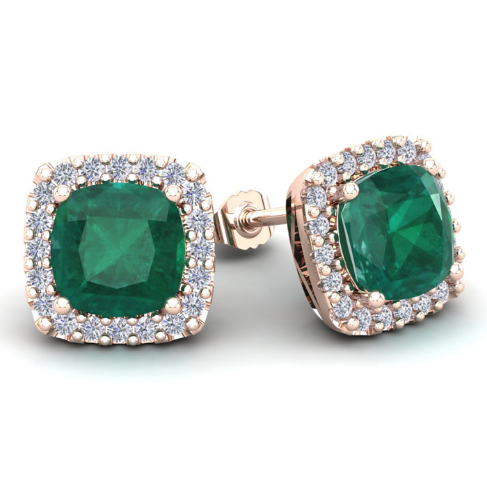 4 3/4 Carat Cushion Cut Emerald & Halo Diamond Stud Earrings in 14K Rose Gold (3.7 g),  by SuperJeweler