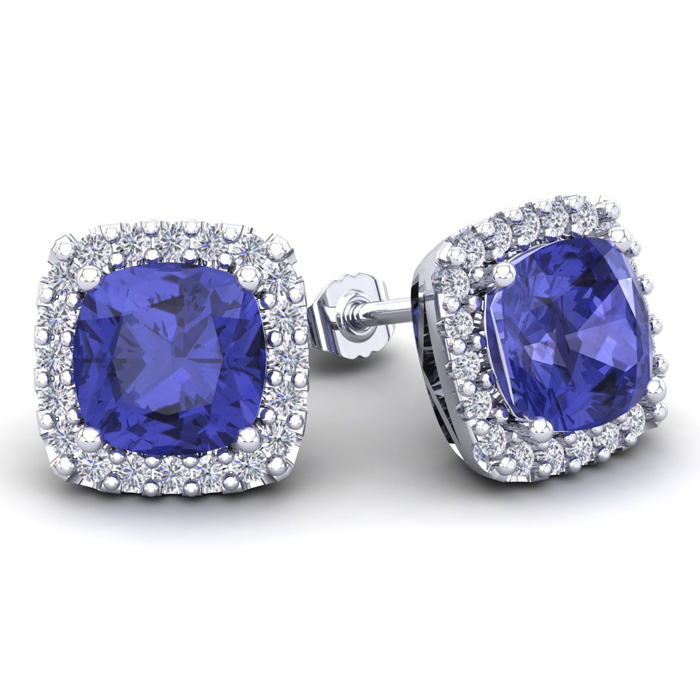 5 3/4 Carat Cushion Cut Tanzanite & Halo Diamond Stud Earrings in 14K White Gold (3.7 g),  by SuperJeweler