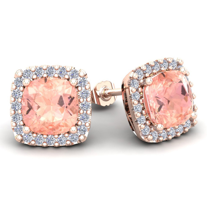 6 3/4 Carat Cushion Cut Morganite & Halo Diamond Stud Earrings in 14K Rose Gold (3.7 g),  by SuperJeweler