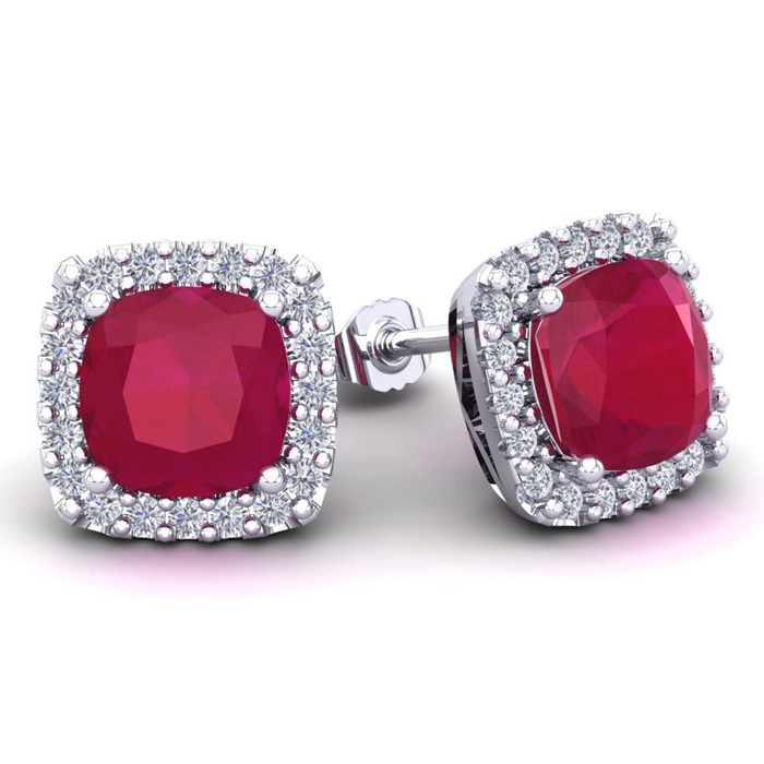 6 3/4 Carat Cushion Cut Ruby & Halo Diamond Stud Earrings in 14K White Gold (3.7 g) by SuperJeweler