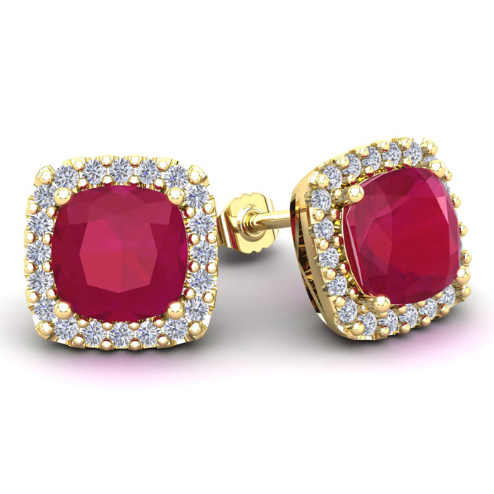 6 3/4 Carat Cushion Cut Ruby & Halo Diamond Stud Earrings in 14K Yellow Gold (3.7 g) by SuperJeweler