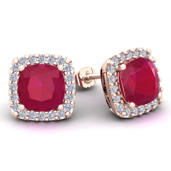 6 3/4 Carat Cushion Cut Ruby & Halo Diamond Stud Earrings in 14K 