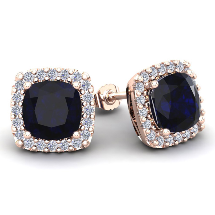 6 3/4 Carat Cushion Cut Sapphire & Halo Diamond Stud Earrings in 14K Rose Gold (3.7 g),  by SuperJeweler