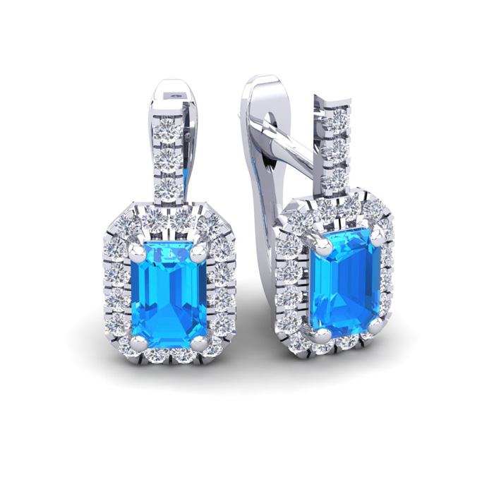 1 3/4 Carat Blue Topaz & Halo Diamond Dangle Earrings in 14K White Gold (3.4 g),  by SuperJeweler