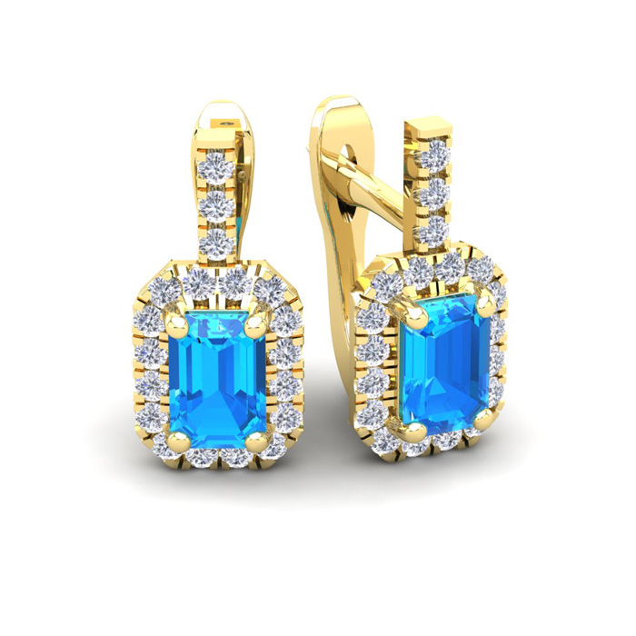 1 3/4 Carat Blue Topaz & Halo Diamond Dangle Earrings in 14K Yellow Gold (3.4 g),  by SuperJeweler