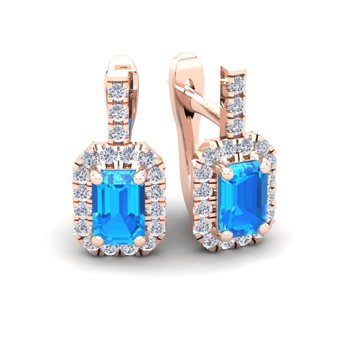 1 3/4 Carat Blue Topaz & Halo Diamond Dangle Earrings in 14K Rose Gold (3.4 g),  by SuperJeweler