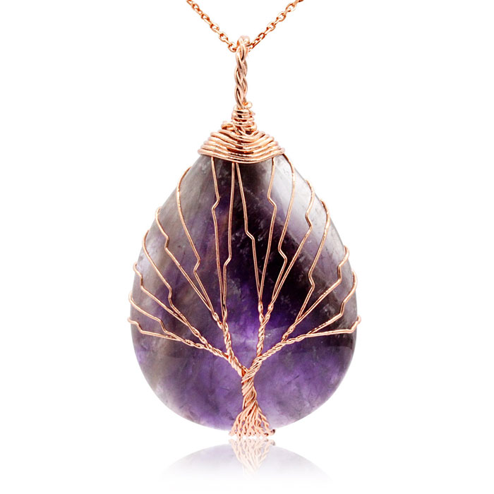 Rose Gold Tree of Life Wire Wrapped Amethyst Teardrop Necklace, 18 Inches in Sterling Silver by SuperJeweler