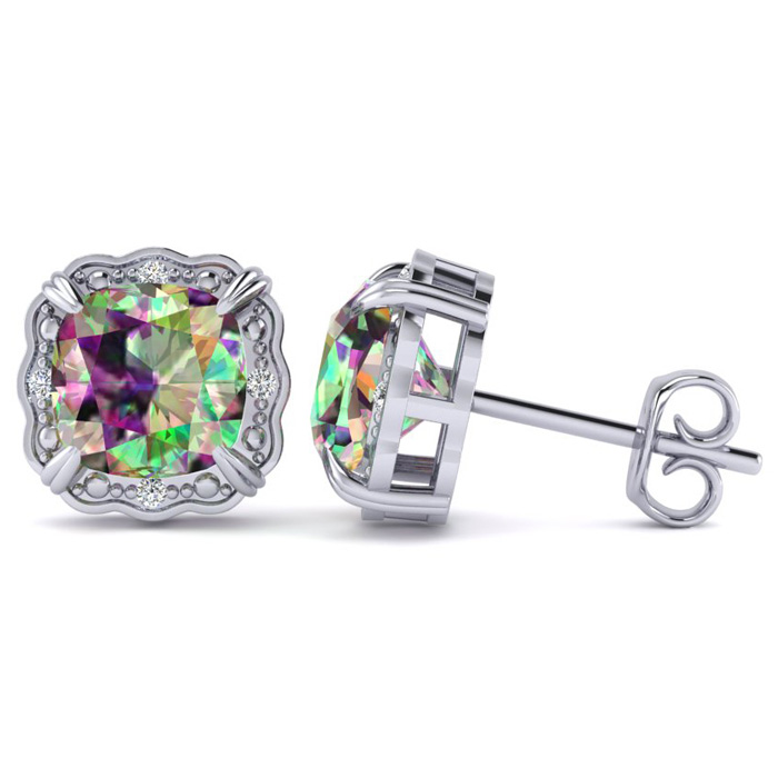 2 Carat Cushion Cut Mystic Topaz & Diamond Earrings in White Gold (2.20 g),  by SuperJeweler